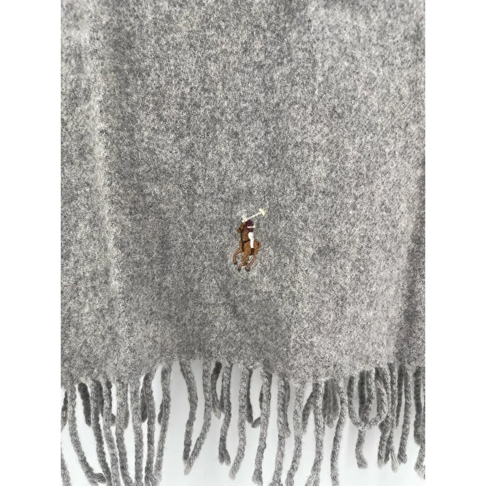 Polo Ralph Lauren Gray 100% Lambswool Fringe Scarf Italy Pony Logo